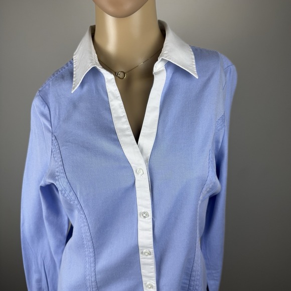 EXPRESS DESIGN STUDIO DRESS SHIRT WOMEN'S Sz M BUTTON-UP Blue With White Collar - Picture 3 of 16